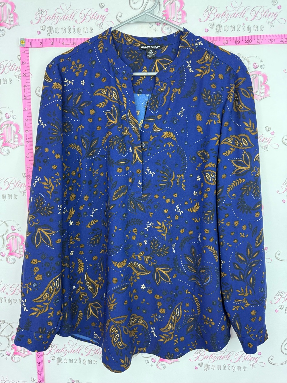 Hilary Radley Blue and Gold Paisley Print Blouse
